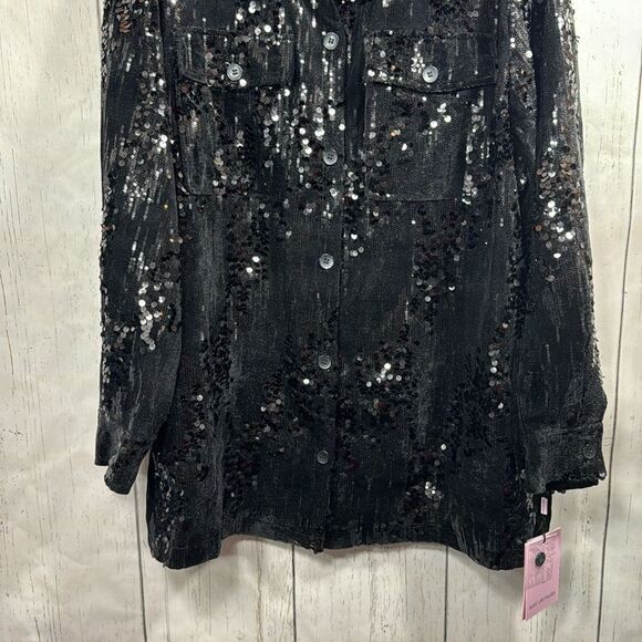 Avec Les Filles Black Sequin Button Up Jacket Shacket 3X Holiday Glam Night Out - Picture 7 of 14
